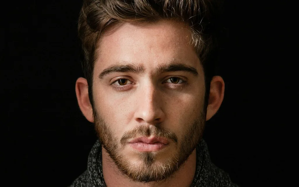 Close portrait of a bearded young man looking straight at the camera in darkness.